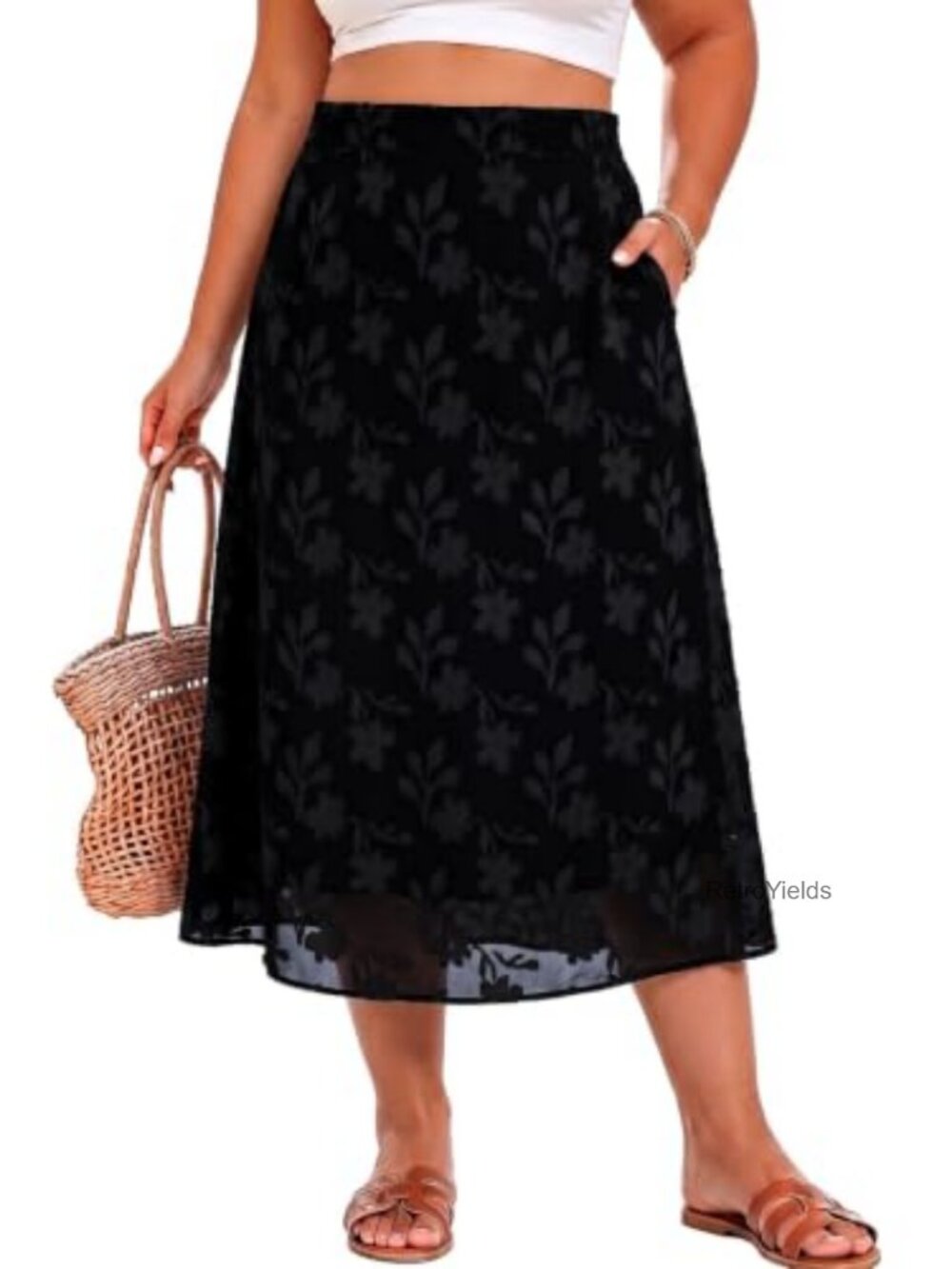 Plus Size Floral Embroidered Maxi Skirt Pockets A-Line 100% Polyester